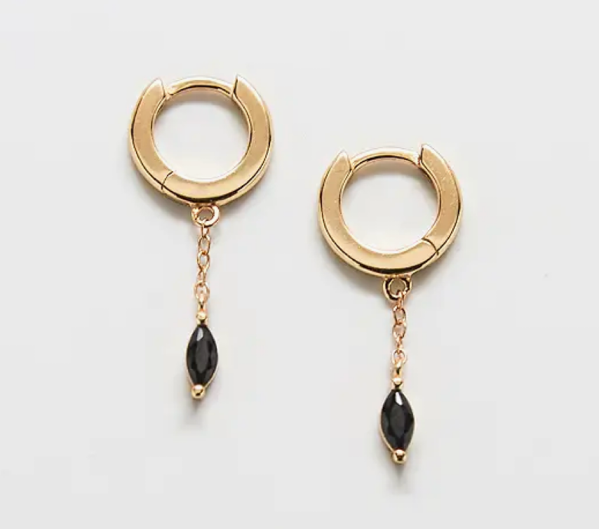 Black Cz Short Chain Huggie Hoop Gold Vermeil Earrings