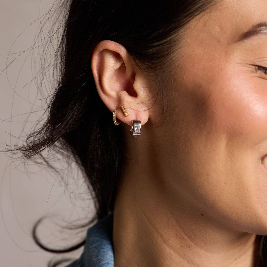 Silver Baguette Bezel Huggies