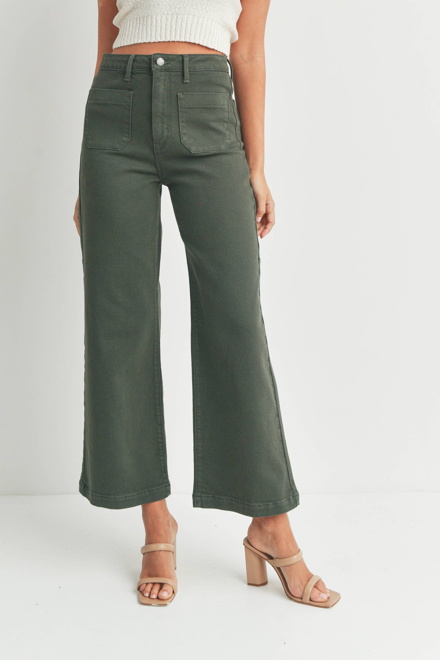Load image into Gallery viewer, Olive Denim Patch Pocket Wide Leg Jean
