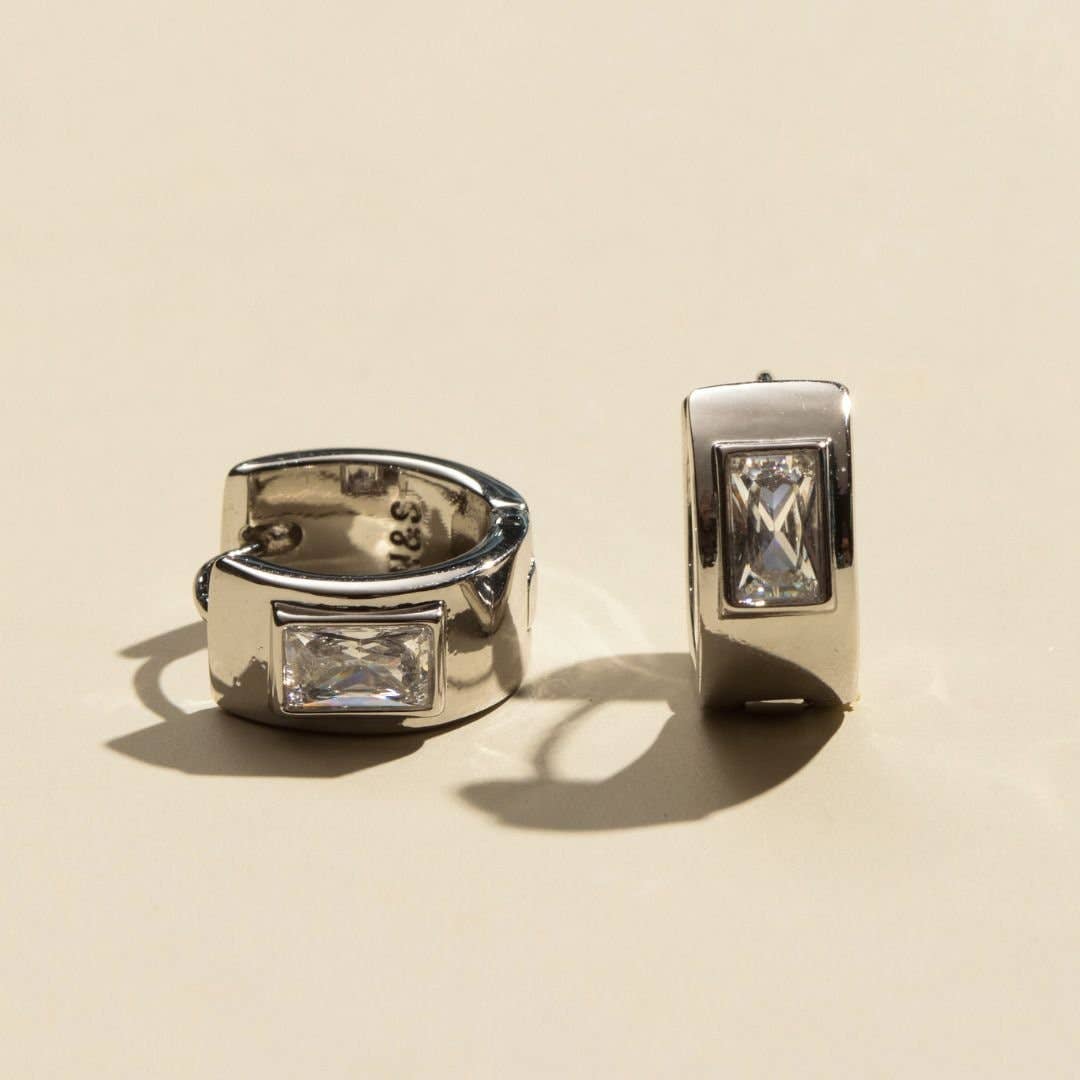 Silver Baguette Bezel Huggies