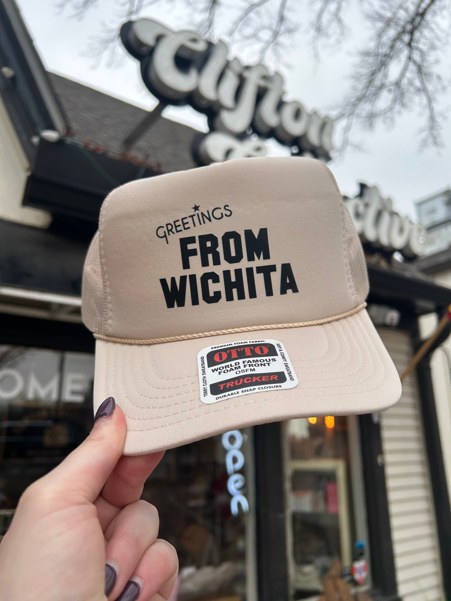 Greetings from Wichita Beige Foam Trucker Hat