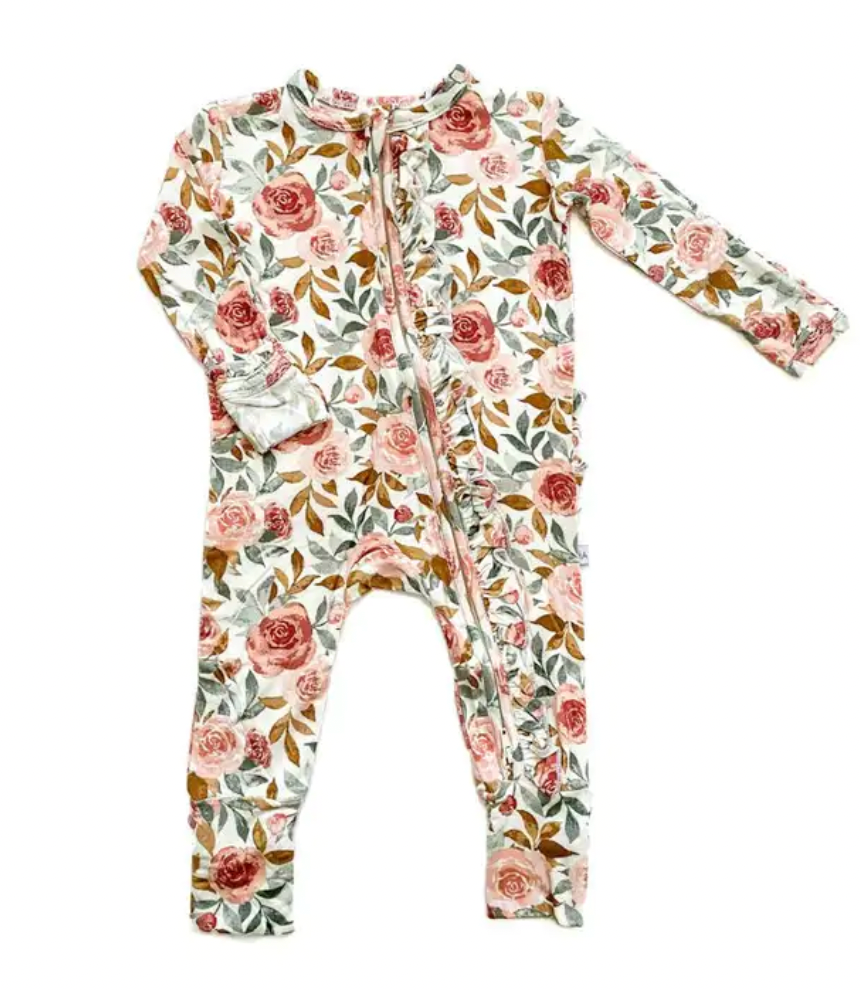 Load image into Gallery viewer, Ruffle Zipper Sleeper Dusty Floral
