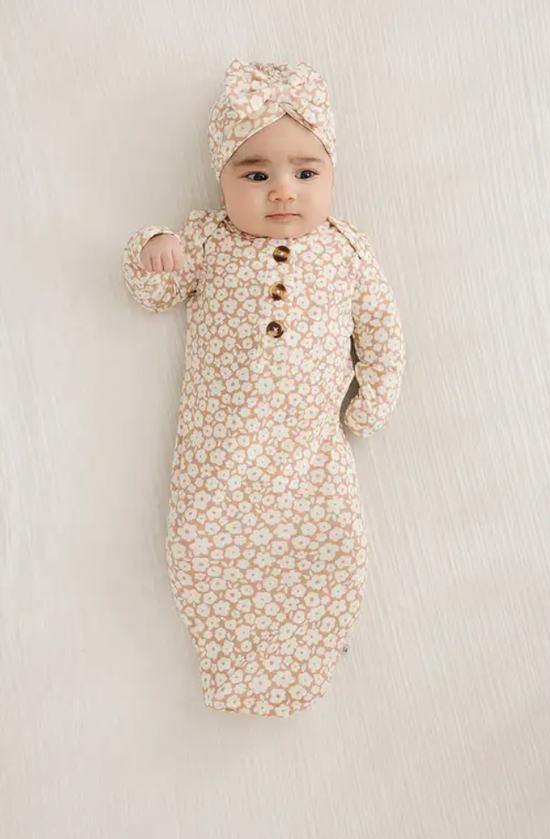 Mocha Ditsy Floral Knotted Baby Gown