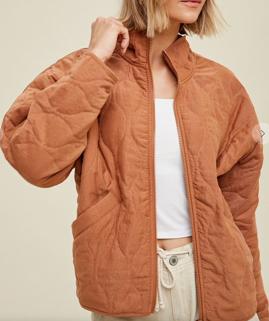 Camel Quilted Jacket with Pockets