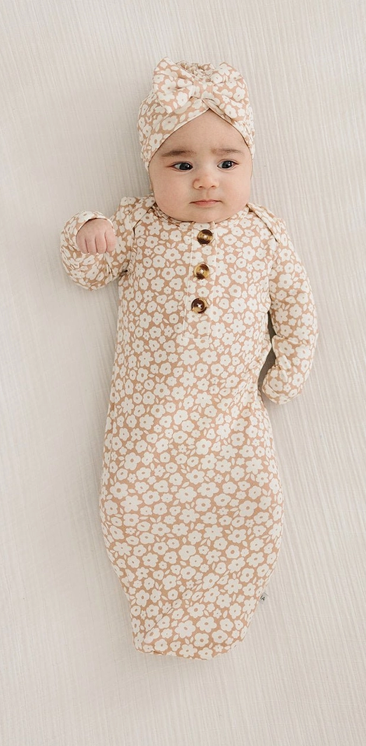 Mocha Ditsy Floral Knotted Baby Gown