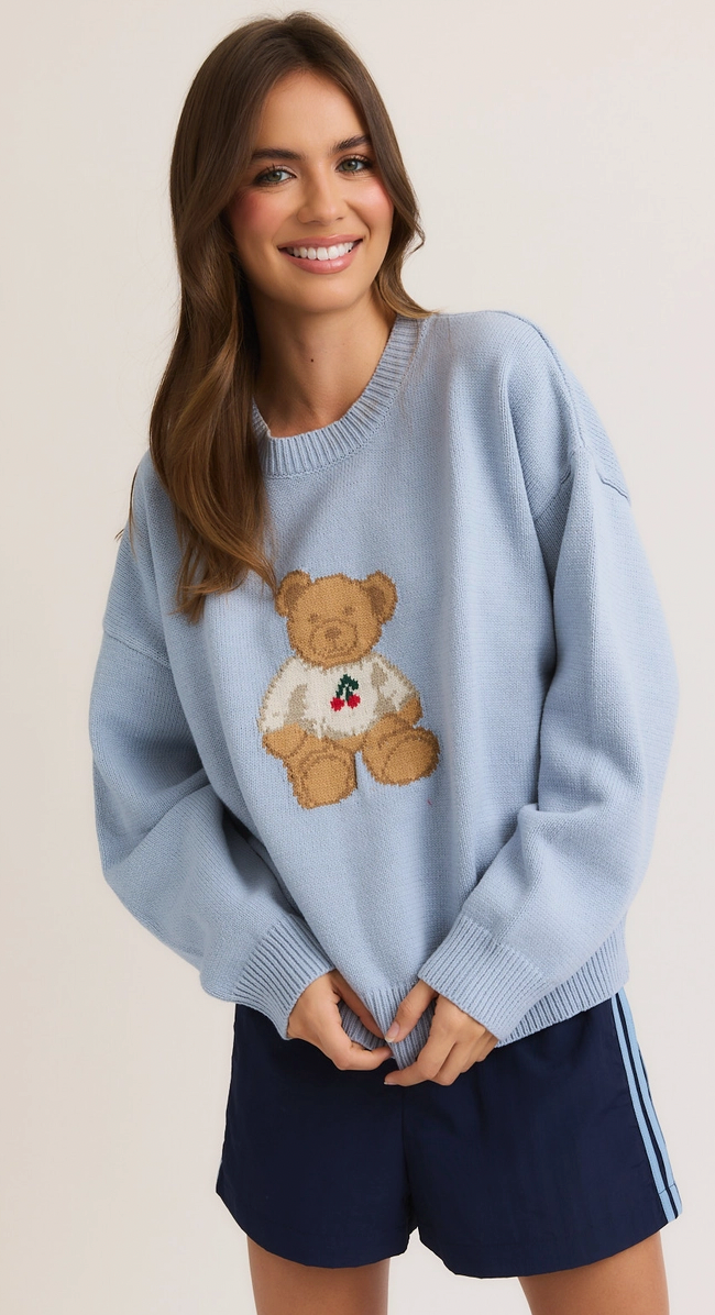 Long Sleeve Crew Neck Teddy Bear Cherry Sweater