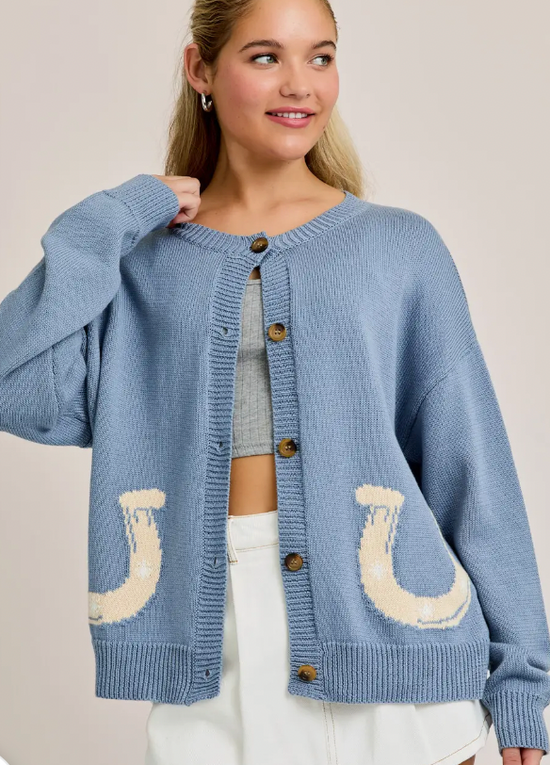 "Horseshoe" Graphic Long Sleeve Round Neck Cardigan