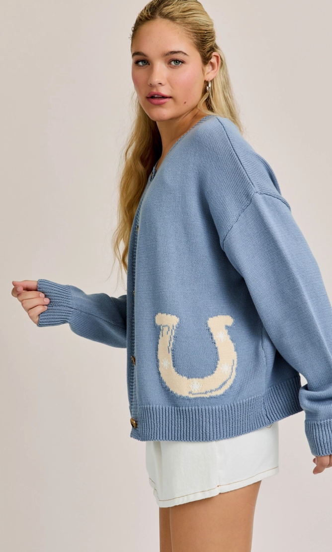 "Horseshoe" Graphic Long Sleeve Round Neck Cardigan