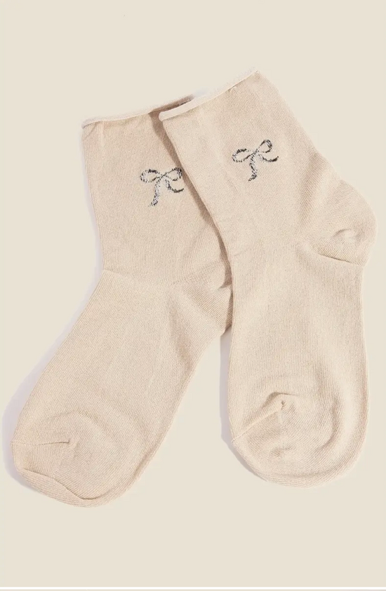 Sparkling Ribbon Bow Beige Socks