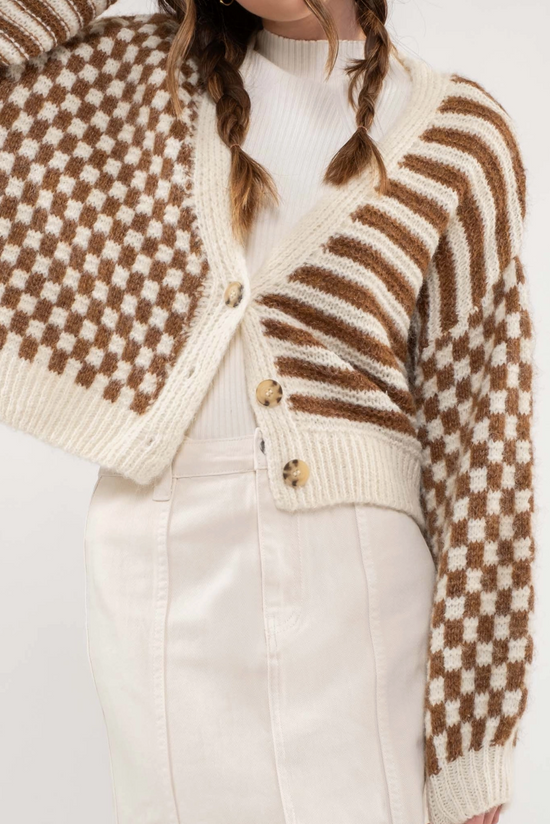 Stripe and Checkered Drop Shoulder Knit Cardigan