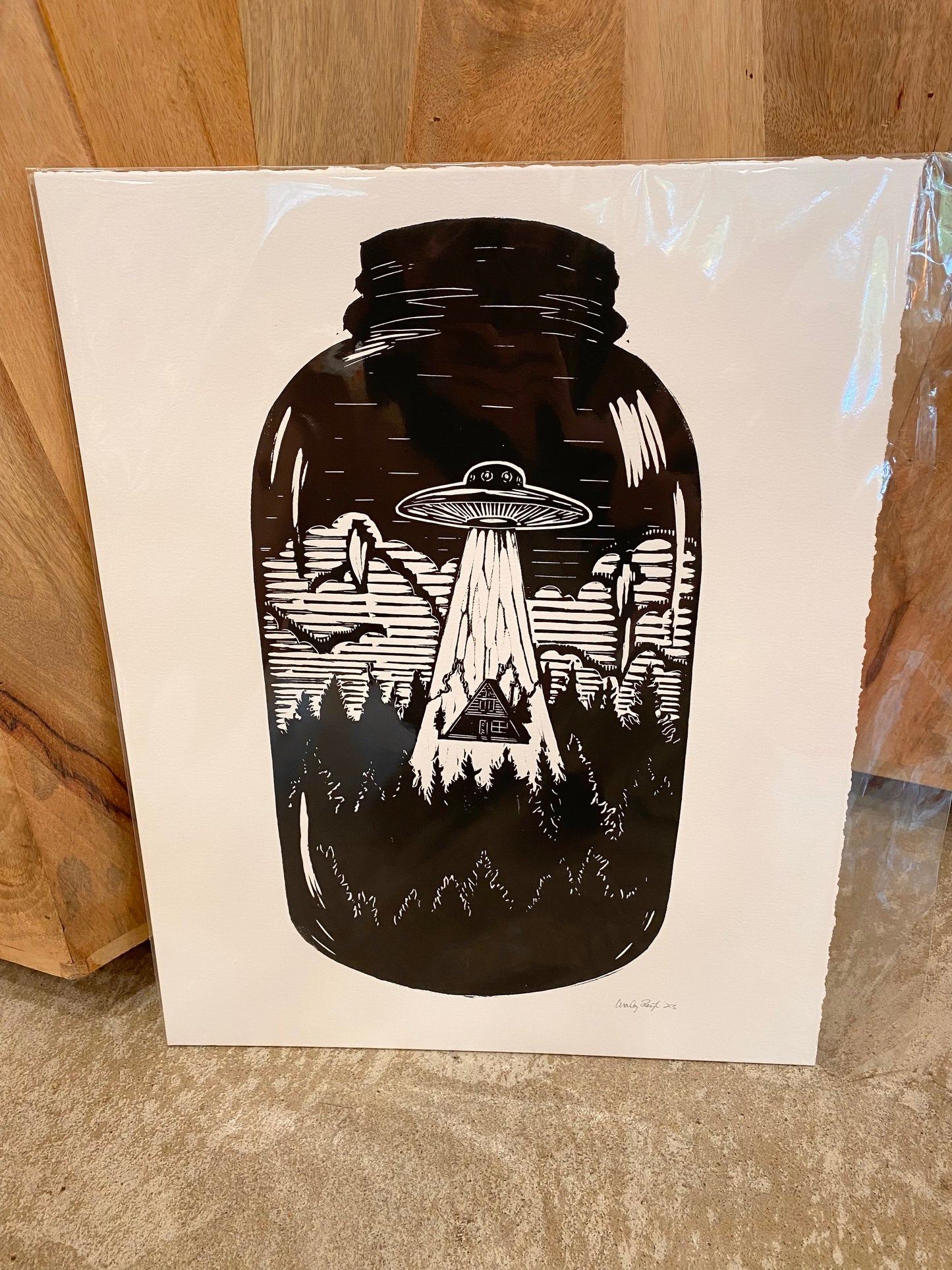 Load image into Gallery viewer, UFO in a Mason Jar Large B/W Print
