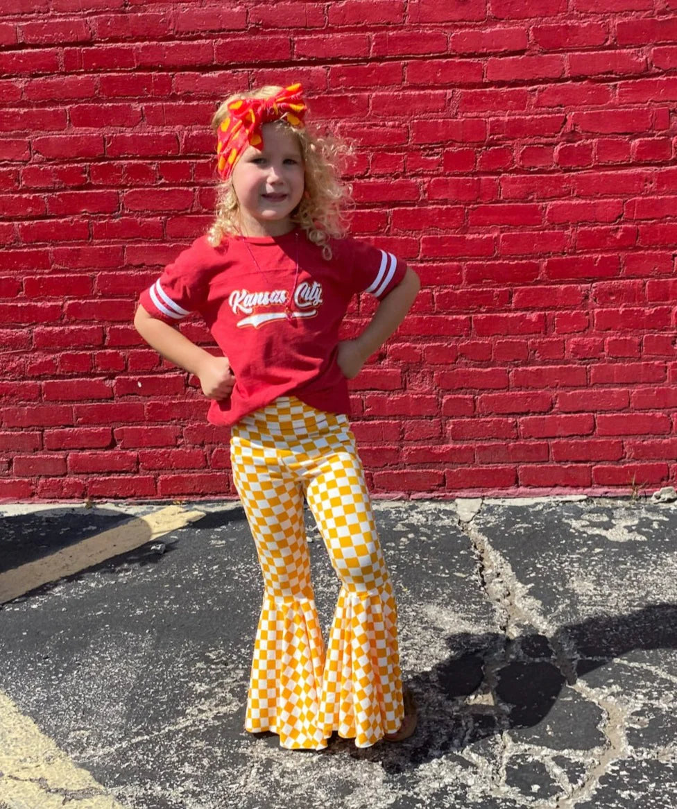 Load image into Gallery viewer, KC Chiefs Checked Littles Bell Bottoms
