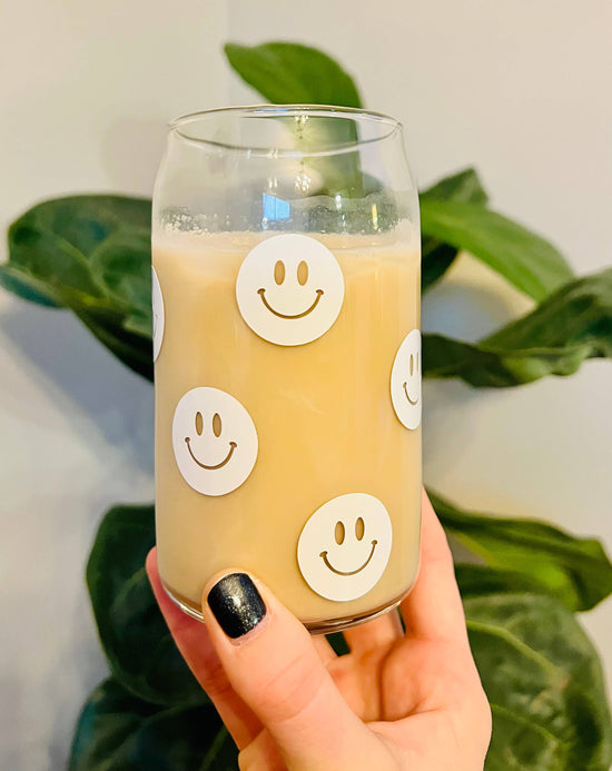 White Smiley Face Beer Can Glass