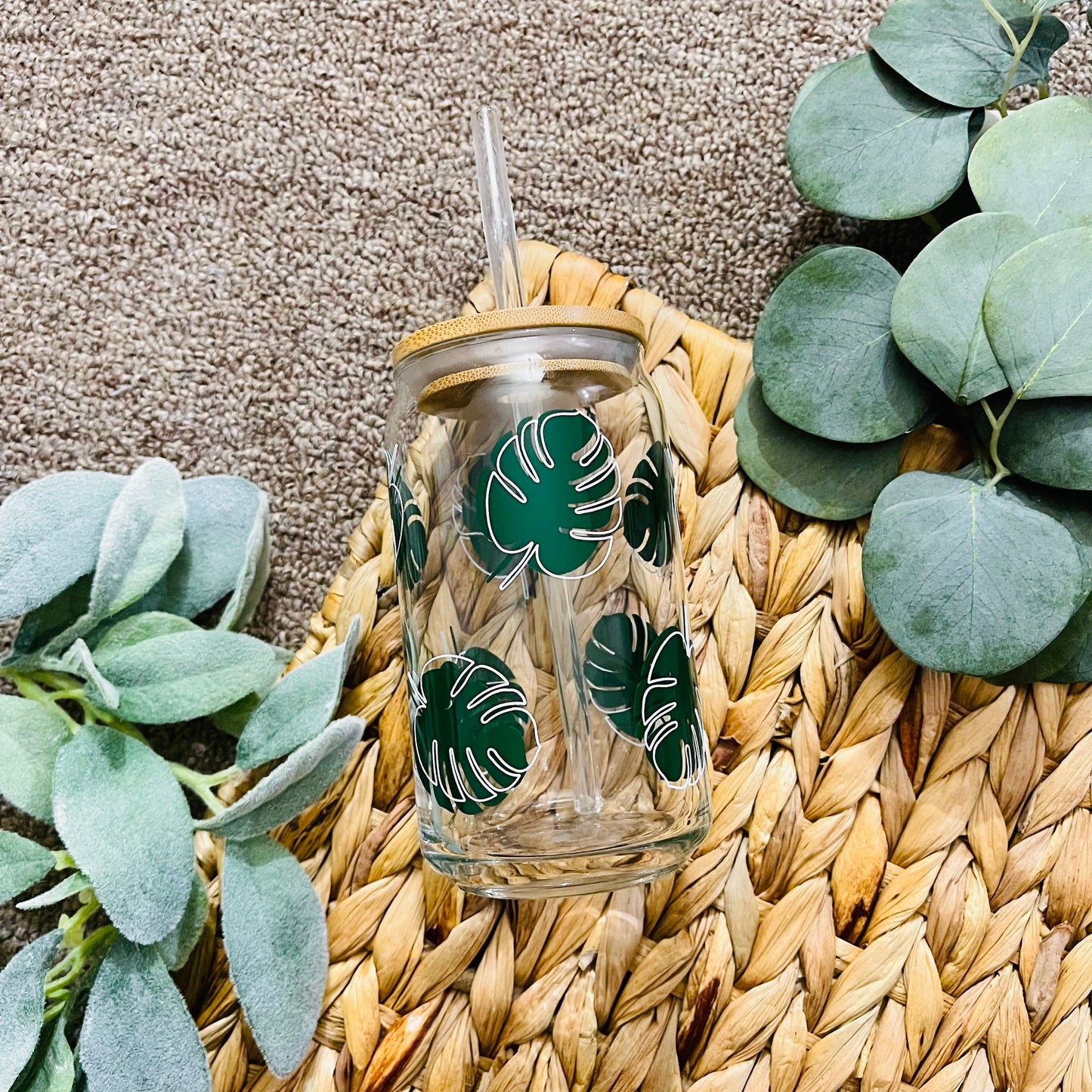 Monstera Beer Can Glass with Lid and Straw