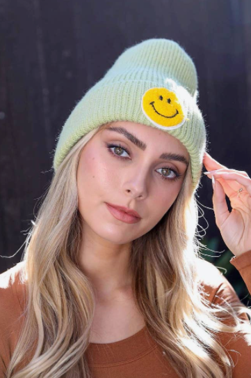 Load image into Gallery viewer, Smiley Face Ribbed Beanie
